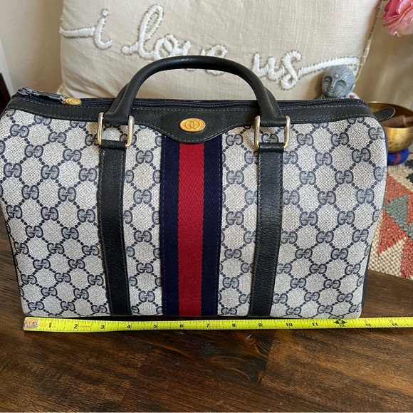 GUCCI Web Sherry Line Navy Boston Bag With Authenticity Cert - Picture 13 of 17